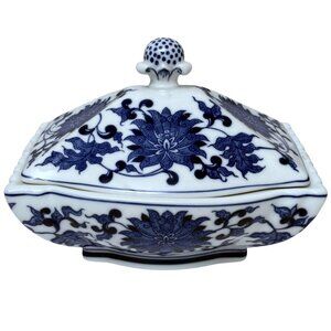 Vintage Bombay Company Blue and White Porcelain Covered Dish